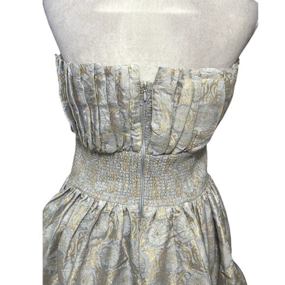 ByTimo A-Line Mini Dress Ruffled Hem Strapless Floral Brocade Blue Gold L NWOT - Picture 5 of 8
